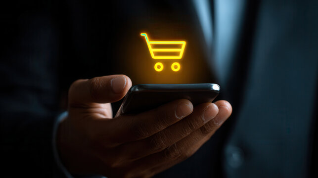 Man holds smartphone with shopping cart icon during online shopping on a busy workday in an office setting