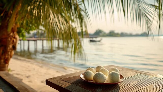 A plate of round, white dumplings sits on a wooden table by the beach. Palm trees frame the scene, with a calm sea and a boat in the background.