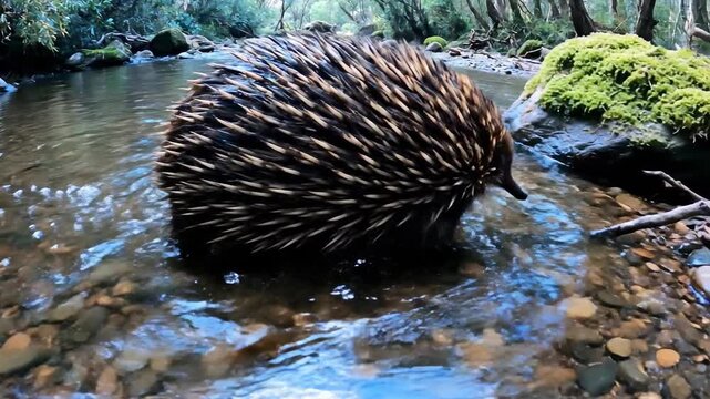 Echidna Wades Through Shallow Forest Stream
