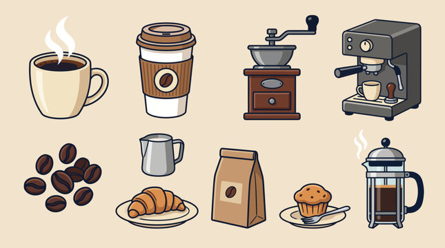 Seamless Pattern of Coffee Cups Grinder and Beans for Cafe Design