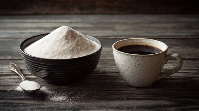 Fructose powder in a bowl and a drink in a cup sit on a dark wood table.