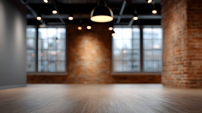 A spacious industrial loft interior featuring polished wooden floors exposed brick walls and large