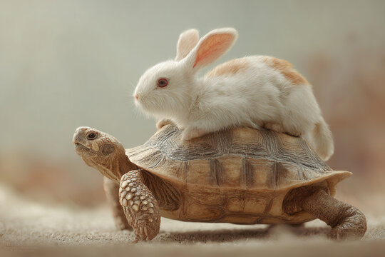 Rabbit sits on tortoise's back in a light setting outdoors near a rocky area during the day