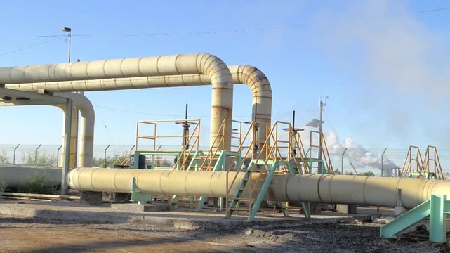 Tuberias de entrada de vapor principal de una de las plantas geotermicas generadoras de energia electrica mas grandes y viejas del mundo aun en servico.