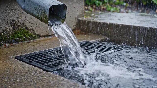 Rain water pouring from gutter pipe into drainage grate