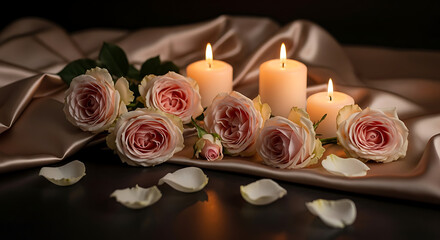 Obraz premium Elegant arrangement of soft pink roses and warm glowing candles on luxurious satin, evoking a serene and romantic atmosphere, perfect for tranquility