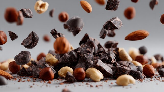 Chocolate bits and nuts drop onto a light grey surface.
