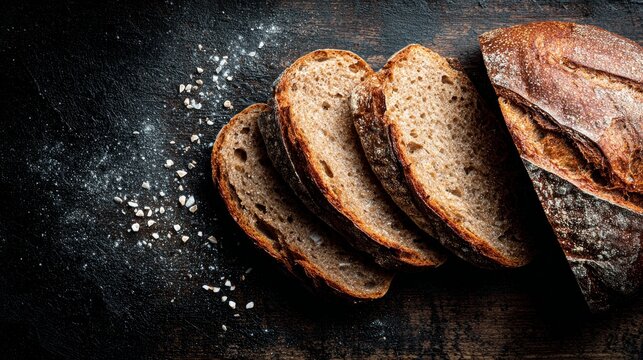 Bread slices rest on a dark, textured table.