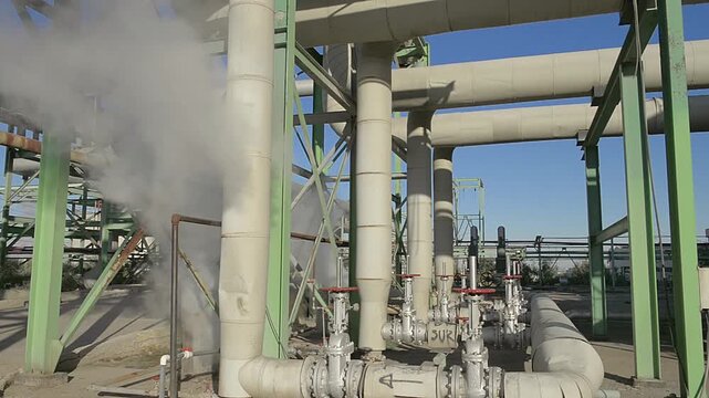 Tuberias de entrada de vapor principal de una de las plantas geotermicas generadoras de energia electrica mas grandes y viejas del mundo aun en servico.