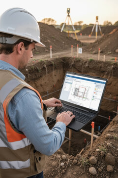 Man in hard hat using laptop at construction site monitoring digital site plans