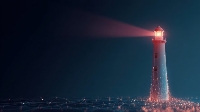 Stunning photo of towering lighthouse in a futuristic, digital world. Evolving technology and the potential for progress. A guide, inspiring innovation and leadership.