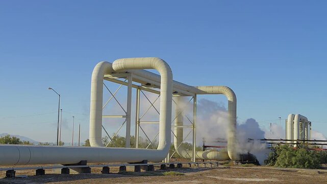 Tuberias de entrada de vapor principal de una de las plantas geotermicas generadoras de energia electrica mas grandes y viejas del mundo aun en servico.
