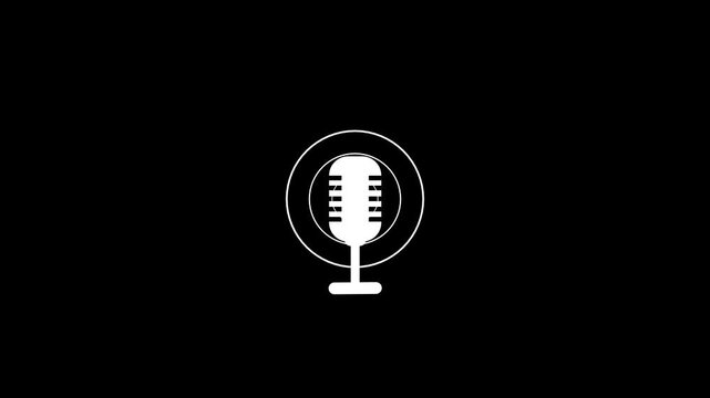 Abstract a rocking microphone Voice recording with radio wave animation.White colour podcast mic microphone button icon animation on black background.