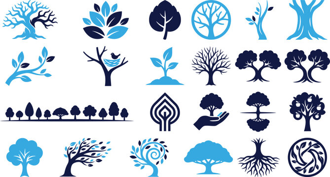 Diverse tree and nature symbols showcasing growth life and abstract organic forms.