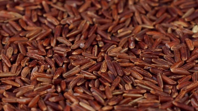 Thai Red Rice (Red Jasmine Rice) grains circle rotation close up