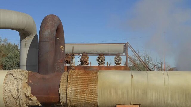 Tuberias de entrada de vapor principal de una de las plantas geotermicas generadoras de energia electrica mas grandes y viejas del mundo aun en servico.