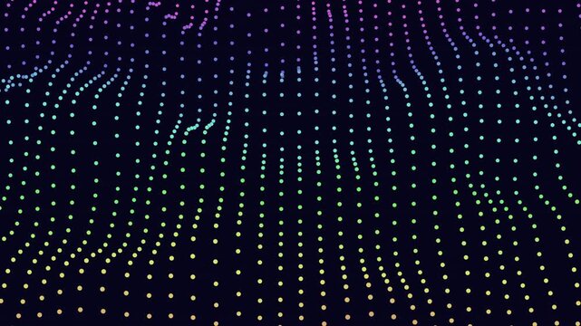 Animated abstract background of glowing dots forming a flowing grid and wave pattern in neon gradient colors on dark space, ideal for tech, data, and digital visuals