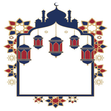 Ornate ramadan kareem frame featuring traditional lanterns and islamic geometric star patterns in navy blue red and gold colors with mosque silhouette for festive holiday greeting.