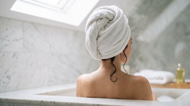A woman's head wrapped in a white fluffy towel, a single strand of wet hair escaping, water droplets on shoulders, spa bathroom background.