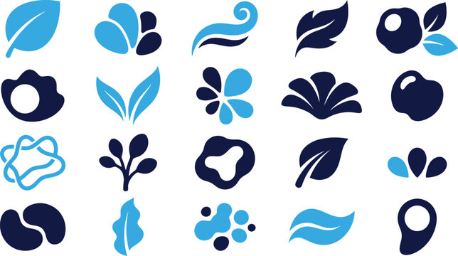 Collection of natural and abstract blue and navy icons for design.