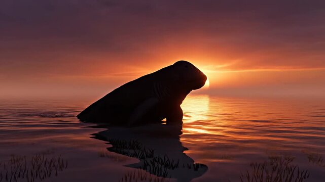 Ancient Dugong Navigates Shallow Waters at Dusk Silhouette