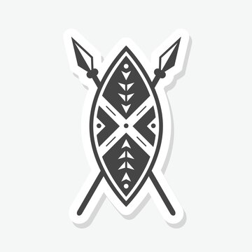 African shield and spears icon sticker isolated on gray background
