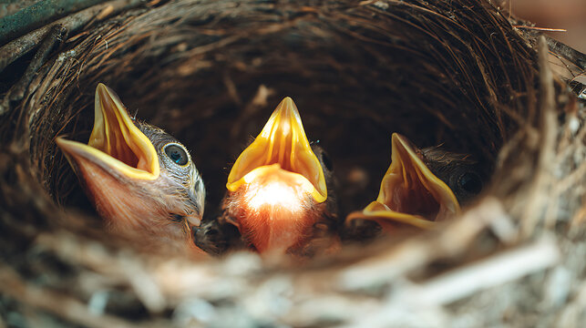 Three baby birds in a nest emphasizing teamwork and professional collaboration