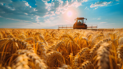 Fototapeta premium Combine harvester working in golden wheat field under sunny blue sky with dramatic clouds on labour day