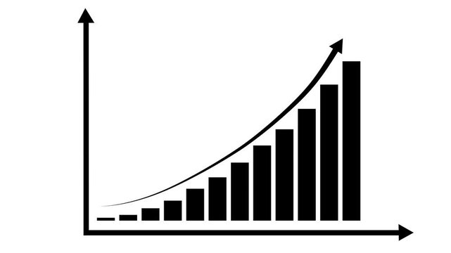 Animated bar chart showing exponential business growth and financial success with rising trend arrow on white background