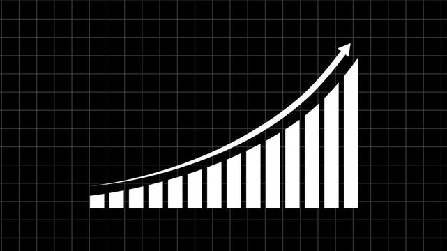 Animated bar chart with rising arrow trend line: financial growth and business success concept on dark grid background