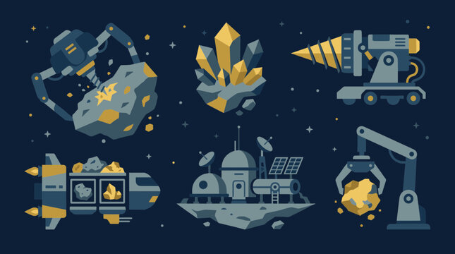 Pixel art space mining operation with robotic arms extracting asteroids and crystals for a futuristic base and transport ship