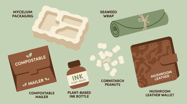 Sustainable packaging and products made from natural materials like mycelium seaweed cornstarch and mushroom leather promoting eco friendly living
