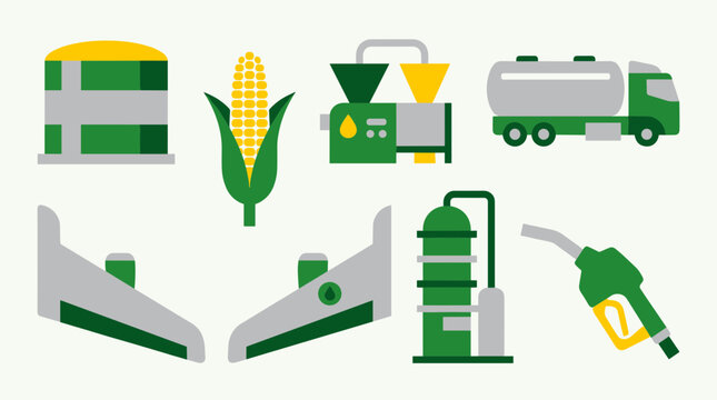 Biofuel production process icons showing corn ethanol plant equipment and transport for renewable energy industry concept