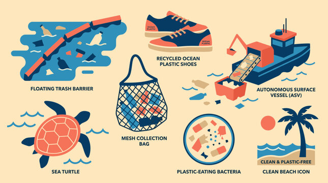 Ocean pollution solutions concept with floating trash barrier, recycled shoes, autonomous vessel, mesh bag, sea turtle, plastic eating bacteria and clean beach icon