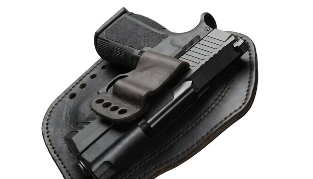 Leather holster accessory With shadow cut out isolated on white background. AI GENERATED.