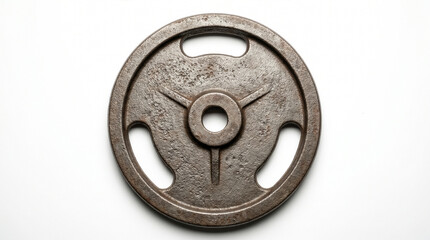 Obraz premium Old Rusty Cast Iron Tri-Grip Olympic Weight Plate with Three Handles on White Background Worn Barbell Disc Fitness Equipment Front View Product Photography