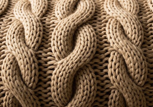 Close up of beige cable knit sweater fabric texture with wool braided pattern for winter