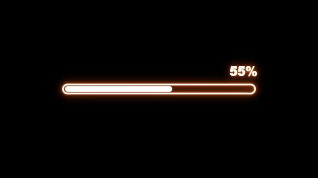 Abstract a beautiful glowing neon loading bar icon animation with progress loading bar 0-100 percent in black background.