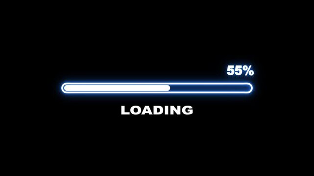 Abstract a beautiful glowing neon loading bar icon animation with progress loading bar 0-100 percent in black background.