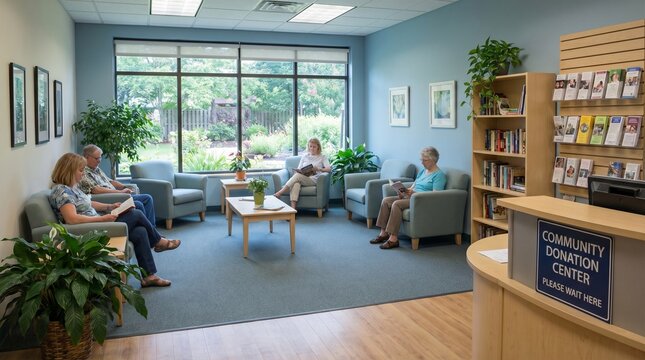 Senior adults sitting and reading in a bright waiting room of a community donation center, concept for social services, healthcare, and nonprofit organization management