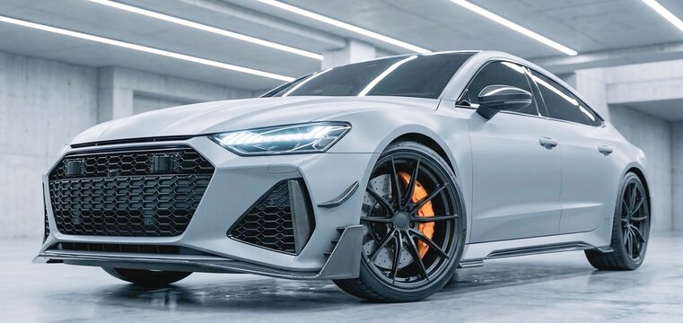 Luxury Nardo Grey performance sportback tuned close up, wide body, подземный гараж lighting, orange brake calipers, de-badged, no logo.