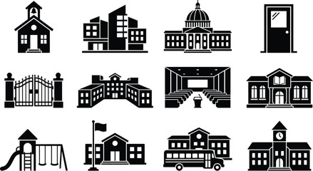 Obraz premium Various school buildings and icons in black and white on a plain background