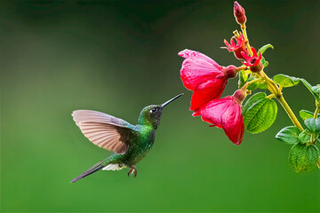 Green-crowned brilliant hummingbird feeding from vibrant red flower in Colombia © Leon Burda