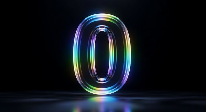 A3D rendered number zero with a vibrant iridescent rainbow glow on a dark reflective surface