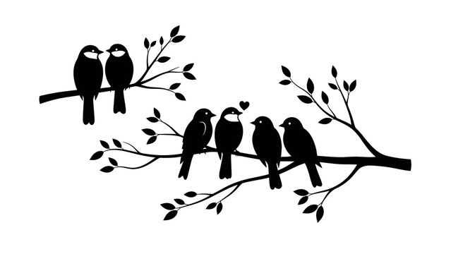 Black crows perched on bare winter tree branches isolated on a transparent background