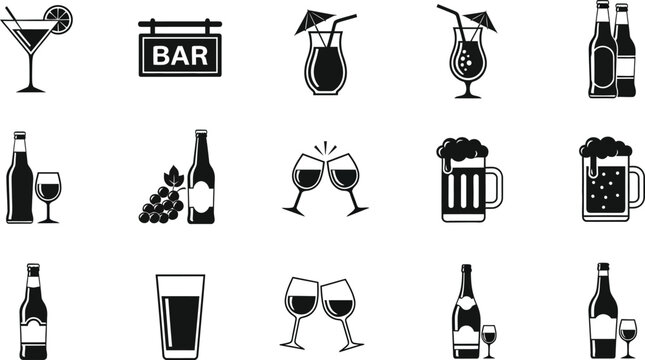 Black and white bar icons set with drinks and bottles on white background for design