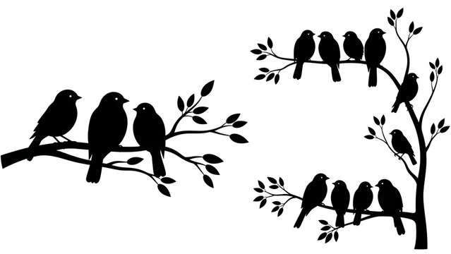 Black crows perched on tree branches isolated on a transparent background