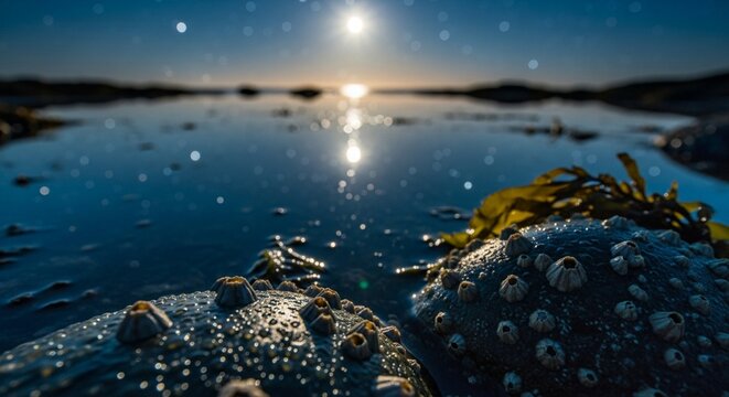 Photorealistic depiction of a mysterious moonlit ocean tide pool with glowing stellar reflections