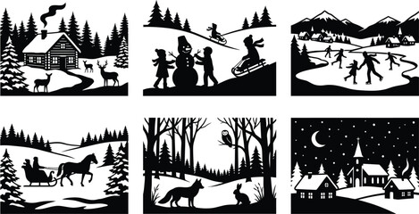 Obraz premium Winter scenes silhouette set snowy landscapes animals and people in black and white