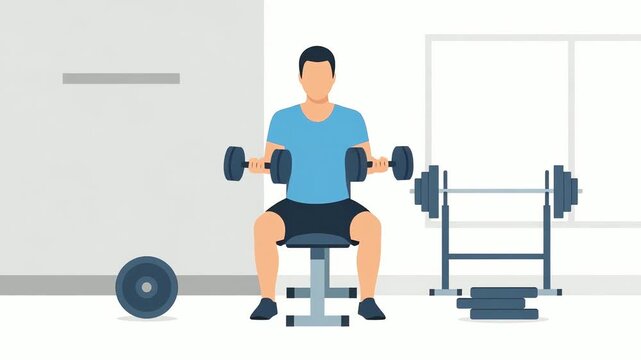 Man working out with dumbbells on a bench in a modern gym. Strength training and fitness routine. Healthy lifestyle and physical exercise. Flat illustration animation